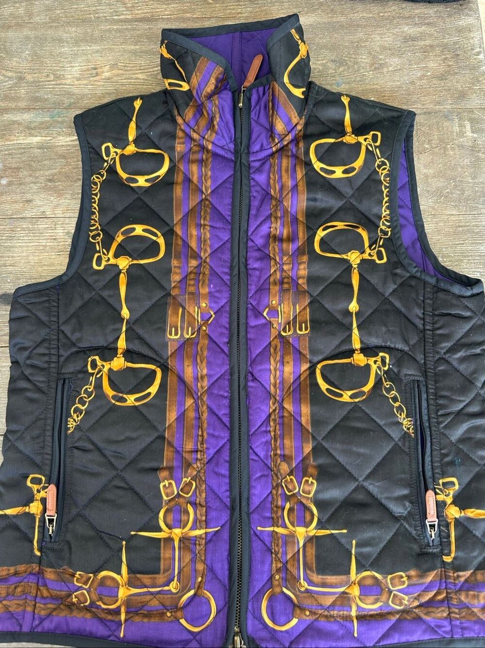 Lauren Ralph Lauren Reversible Quilted Equestrian Horse Bit Vest Black Purple M